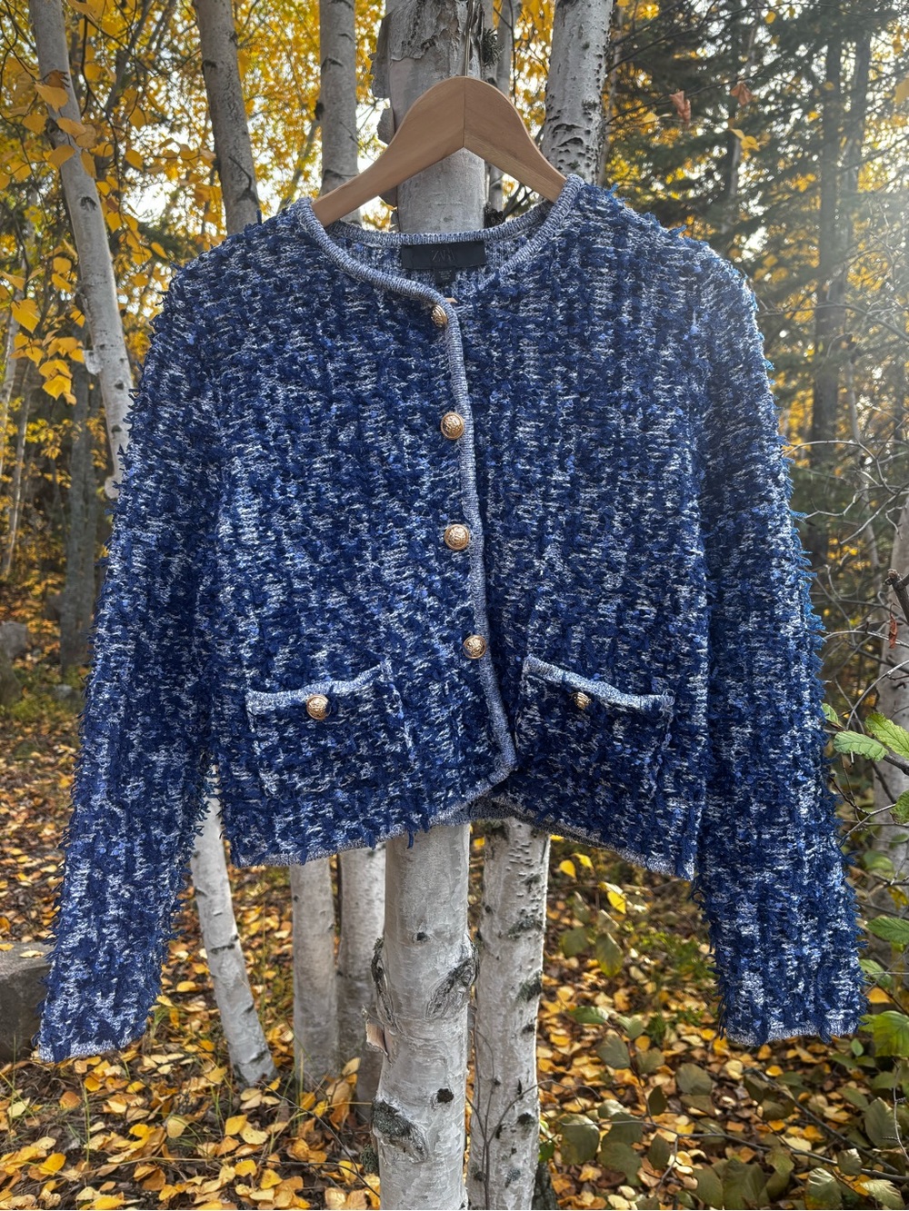 Zara Royal Blue Boucle Cropped Blazer with Gold Buttons